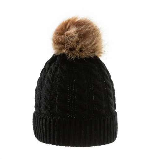 Thick Winter Baby Beanie Hats – Cable Knit with 8cm Fur Pom-Poms