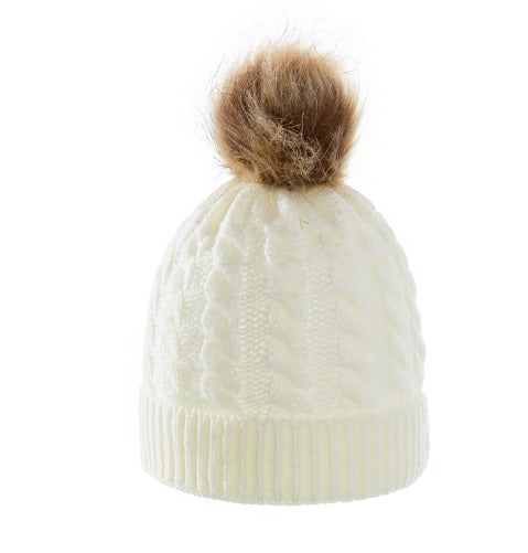 Thick Winter Baby Beanie Hats – Cable Knit with 8cm Fur Pom-Poms