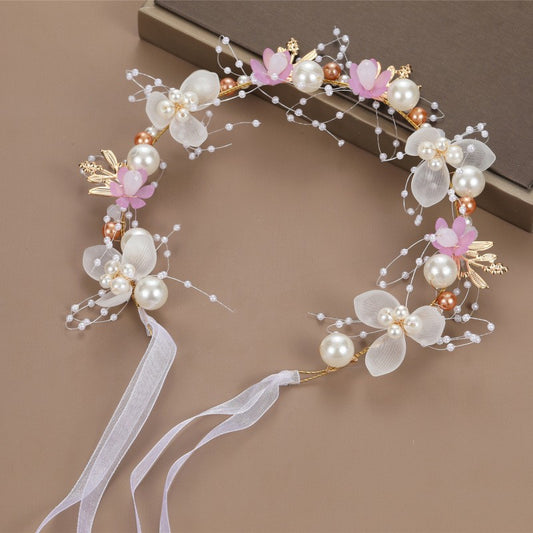 Pearls Tiara Hairbands - Pink Blossom