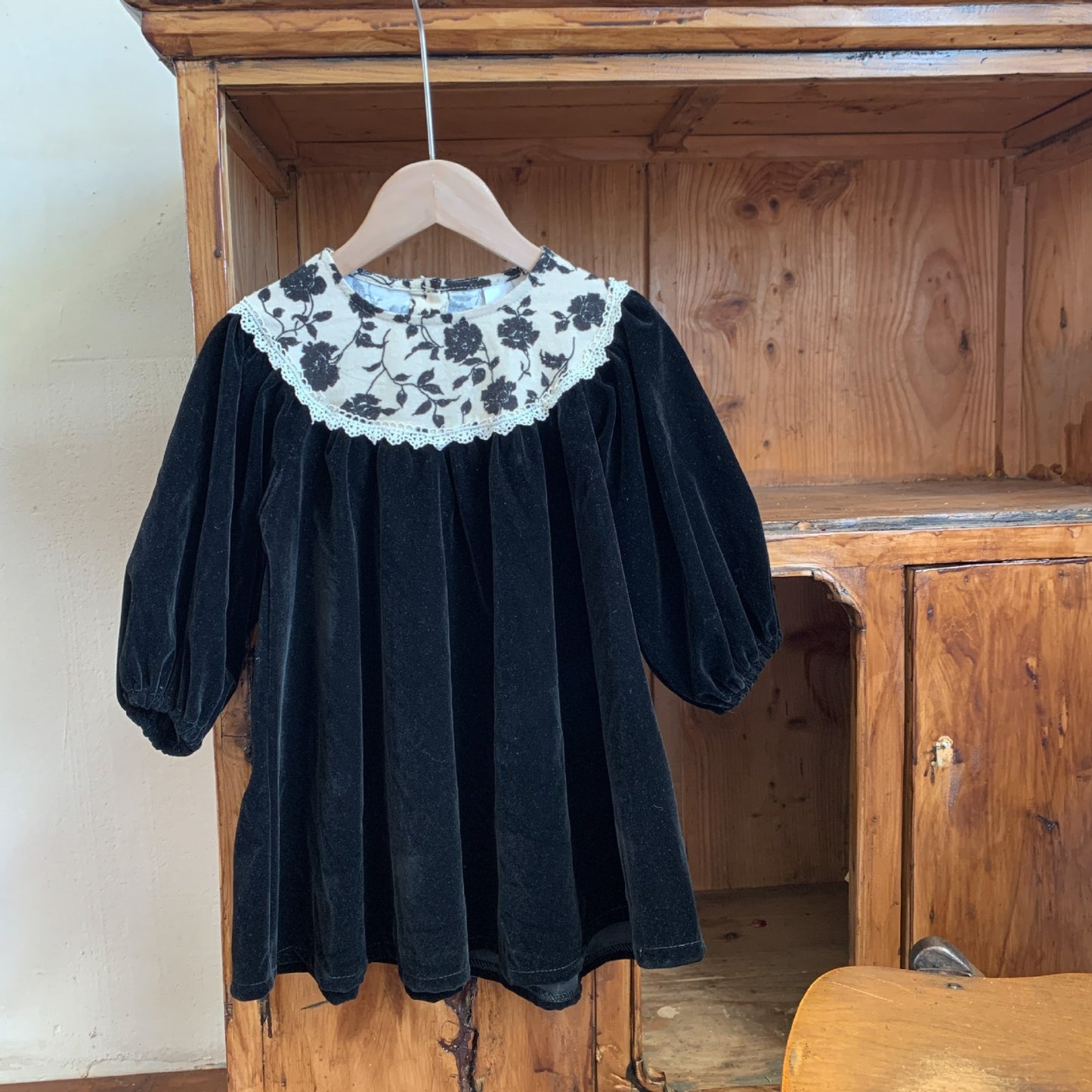 Black Petal Yoke Velvet Dress