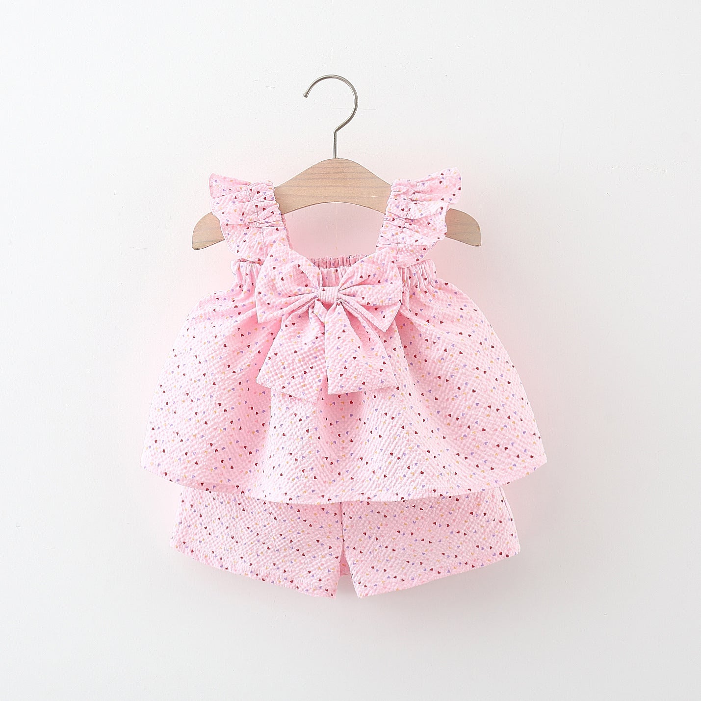 baby girl pink flutter sleeve top shorts set heart print