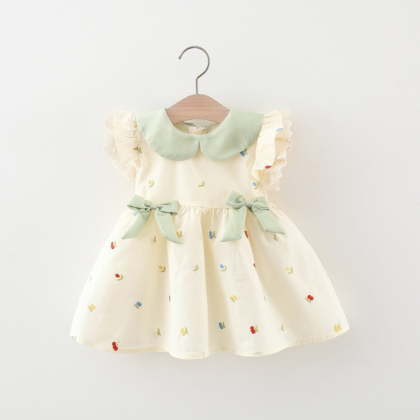 Floral Embroidered Baby Girl Dress with Peter Pan Collar & Bows