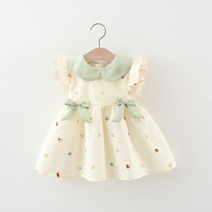 Floral Embroidered Baby Girl Dress with Peter Pan Collar & Bows