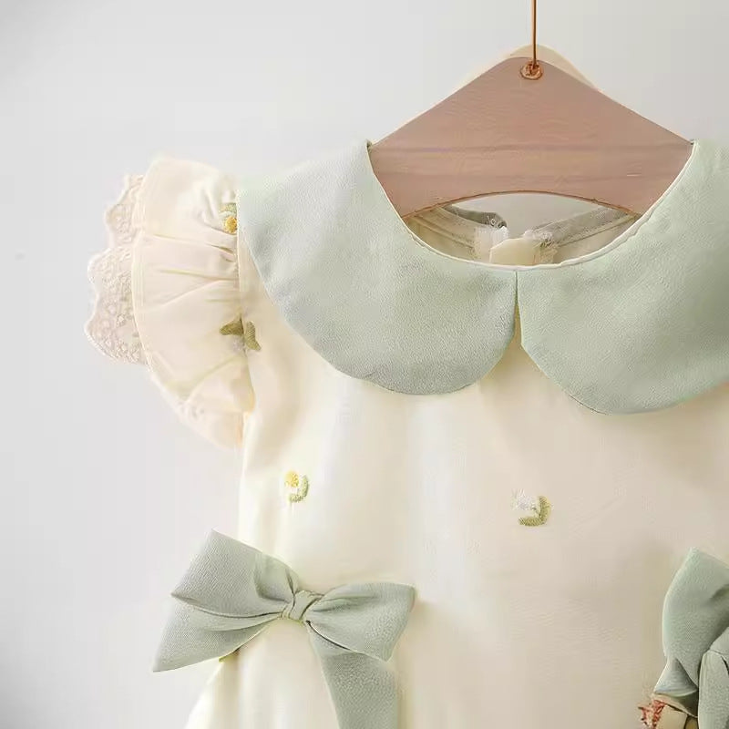 Floral Embroidered Baby Girl Dress with Peter Pan Collar & Bows