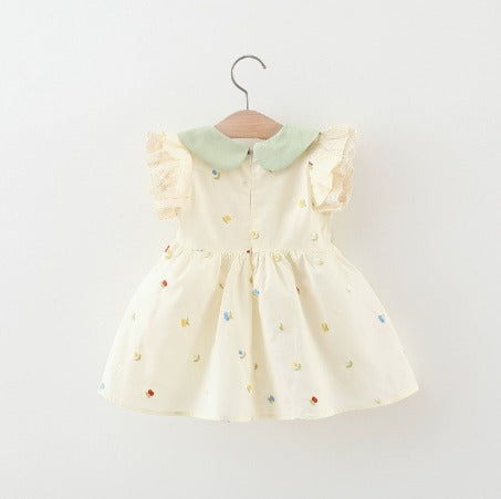 Floral Embroidered Baby Girl Dress with Peter Pan Collar & Bows