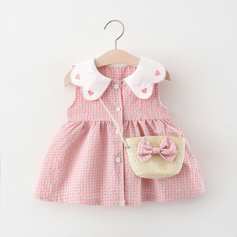 pure cotton baby girl pink plaid dress with jute bag