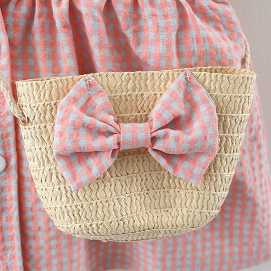 pure cotton baby girl pink plaid dress with jute bag