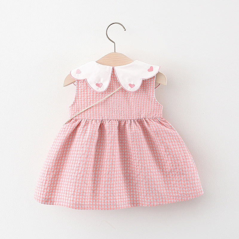 pure cotton baby girl pink plaid dress with jute bag
