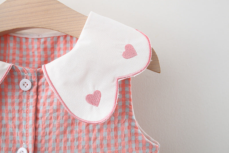 Baby dress with white collar and heart patterns . pure cotton baby girl pink plaid dress with jute bag