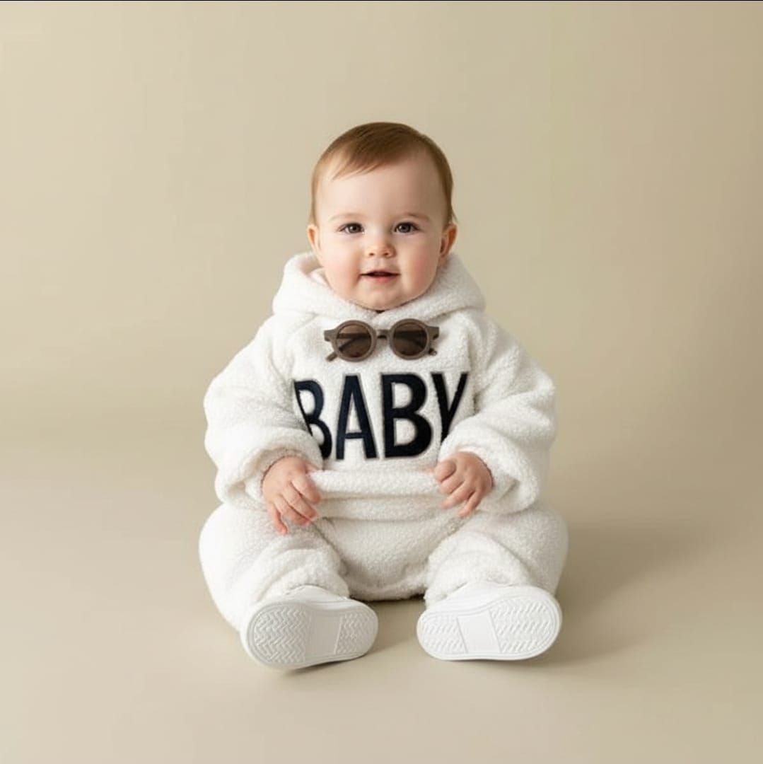 Lamb Wool Furry Hooded Bodysuit – Warm & Embroidered Winter Romper