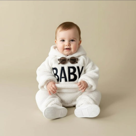 Lamb Wool Furry Hooded Bodysuit – Warm & Embroidered Winter Romper