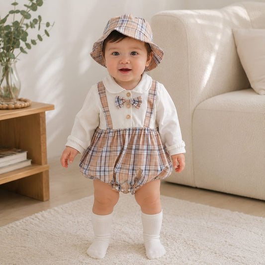 Baby Boy Tartan Bodysuit with Bow Tie & Bucket Hat