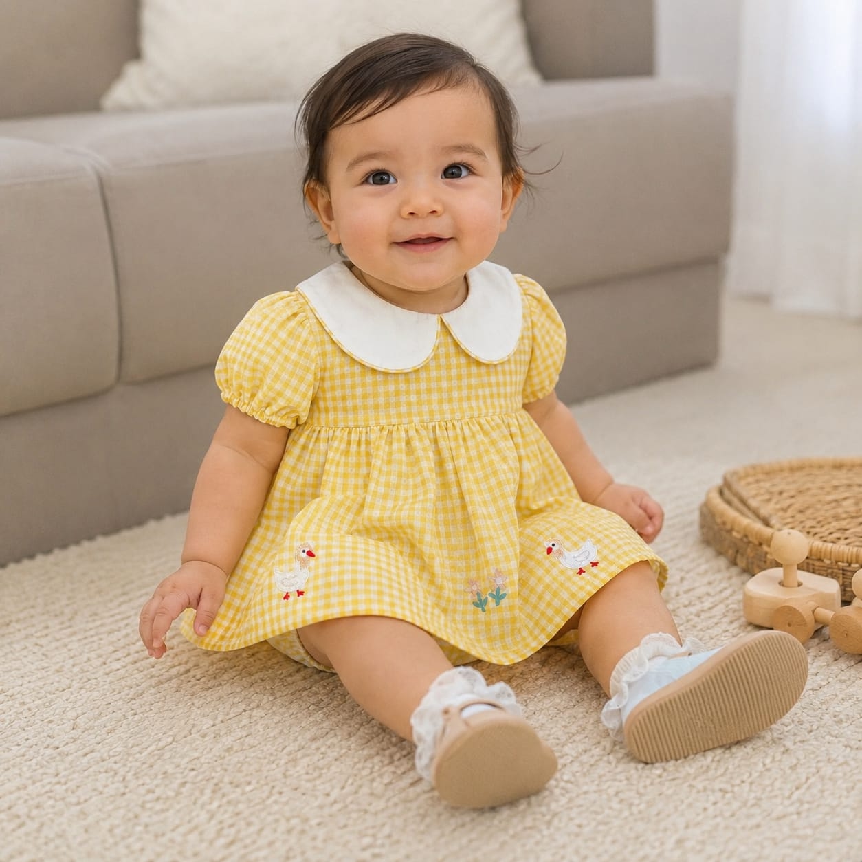 A baby girl sitting on a cream carpet in a living room, wearing a yellow and white gingham dress with a white Peter Pan collar, white lace-up socks, and tan shoes.