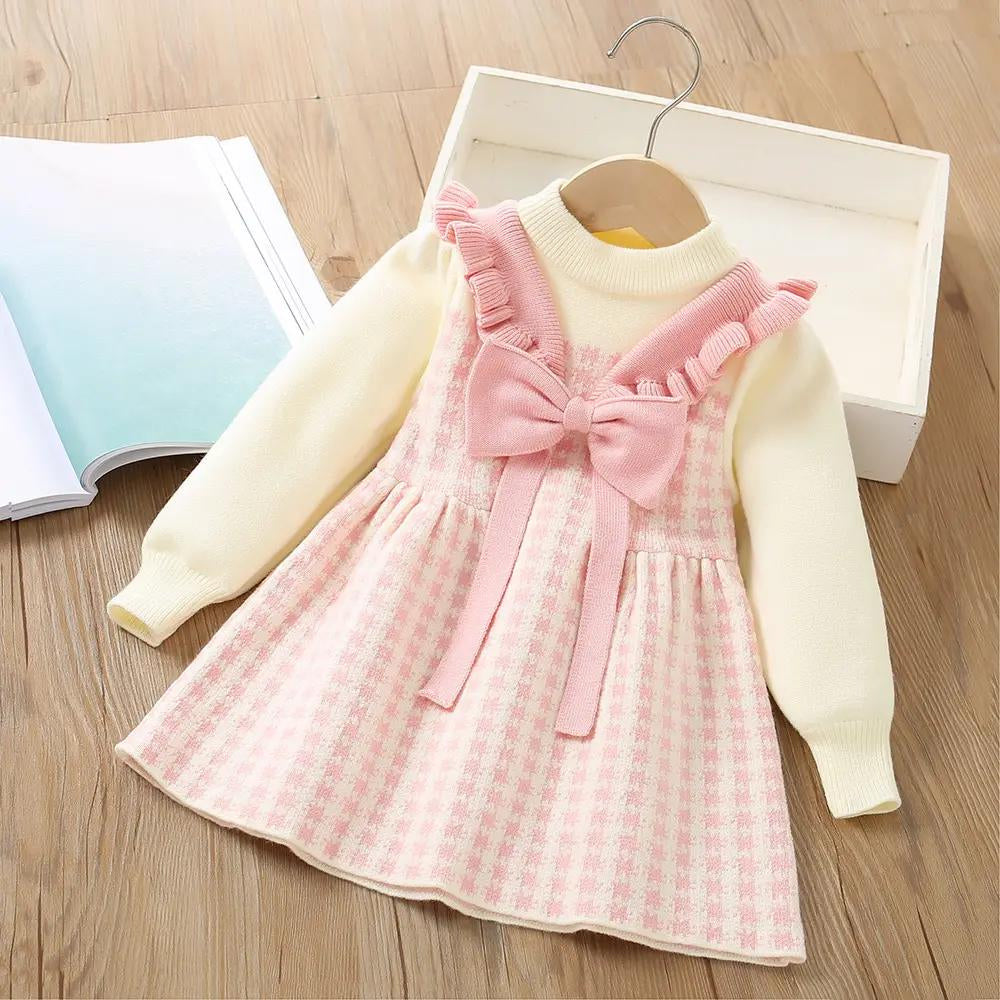 Cute Woolen Long Sleeve Knitwear Frock for Girls - PInk